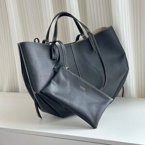Polene Black Leather Tote with Pouch